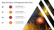 Festive fireworks with New Year's event icons nad caption areas in a list format on a white background.