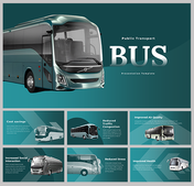 Template featuring a sleek bus image and slides covering many topics with text descriptions on a teal backdrop.