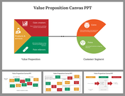 Value proposition canvas slides illustrating various colored design layouts and icons with text descriptions.