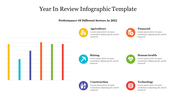 Colorful bar chart in different colors and six corresponding colored icons on the right representing year in review.