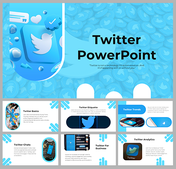 Blue themed slide deck with Twitter icons, covering basics, trends, etiquette, and analytics for business.