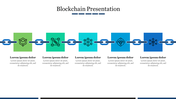 Row of five blocks in green and blue shades, each displaying blockchain icons, linked by chain segments.