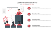 Conference template showing a speaker addressing an audience with four text sections and icons.