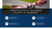 Formula 1 racing car on track and blue overlay text box with four white circular icons.