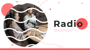 Slide deck about radio, featuring images of people in studios, microphones, in red-accented layouts.