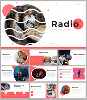 Slide deck about radio, featuring images of people in studios, microphones, in red-accented layouts.