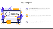 A visually engaging SEO template featuring a search bar and illustrations of people using laptops with three text sections.