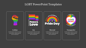 Slide with four LGBT with colorful icons representing the community and text placeholders below each.