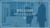 Various welcome slide deck featuring business professionals shaking hands and text placeholders for welcome messages.