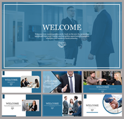 Various welcome slide deck featuring business professionals shaking hands and text placeholders for welcome messages.