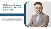 Welcome message slides from the CEO to new employees with a smiling man in a checkered blazer and multiple design variations.