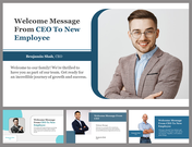 Welcome message slides from the CEO to new employees with a smiling man in a checkered blazer and multiple design variations.