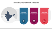 Silhouette map of India with three vertical tabs, each containing icons and placeholder text.