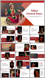 Classical dance slide deck, with key aspects such as dance history, regional styles, and cultural elements and text sections.