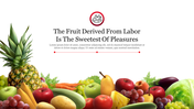 Slide featuring a colorful variety of fresh fruits and vegetables with the quote and text area and an icon.