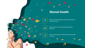 Colorful mental health slide featuring a woman embracing herself with icons and three sections on a teal backdrop.