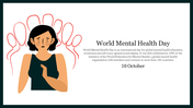 An illustration of a sad woman surrounded by red abstract lines , and  text about world mental health day information text.