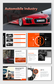 Slide deck with red car cover image, orange and black color scheme, and sections on automobile technology and services.