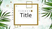 Elegant leaf-themed background slide, geometric gold accents, and a text surrounding a central title.