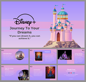 A pack of Disney-themed slides with a castle illustration and various sections like introduction, features, and conclusion.