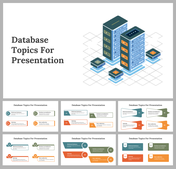 Database topics slides featuring an illustration of server towers and multiple layouts of database concepts.