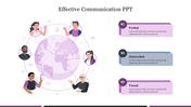 Effective communication slide featuring a globe with interconnected people illustrations and three sections with text area.