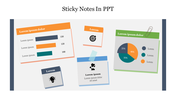 Sticky notes in orange, green, blue, and gray with various charts and icons pinned on a white surface.