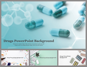 Multiple slide designs with a drug theme, including images of capsules, pills, and molecular structures with a title text.