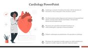 A slide showing a doctor with a stethoscope and an enlarged heart illustration, detailing key cardiology facts.