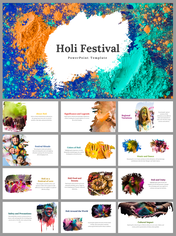 Set of slides with vibrant powder splashes in various colors and images that show Holi's traditions, music, dance, and food.