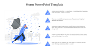 Illustration of a person battling a storm with an umbrella, alongside five bullet points on the right in blue color scheme.