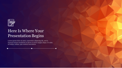 Abstract background slide featuring a gradient polygonal design with warm orange tones fading into dark purple.