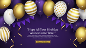 A birthday slide with striped and polka dot balloons in gold and white, purple flags, and a celebratory message at center.