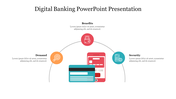 Digital banking icons arranged in a semicircle around a mobile and credit card graphic labeled with caption areas.