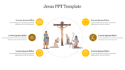 Jesus on the cross surrounded by worshippers in a circular infographic template with icons for heart, clock, and people.