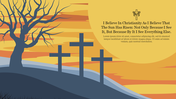 Illustration of three crosses and a barren tree on a hill, with a quote on Christianity over a sunrise background.