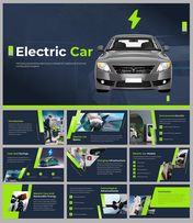 Slide deck with green and gray design elements, highlighting electric car models, charging, and renewable energy.