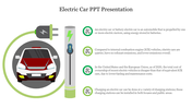 Illustration of a colorful electric car connected to a charging station, with icons and text outlining its features.