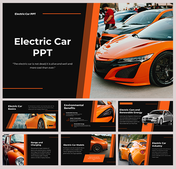 Electric car themed PPT with an orange sports car and slides covering renewable energy, industry, and charging information.