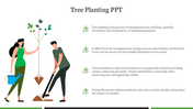 Illustration of a man and woman planting a tree, with text explaining the importance of it for the environment.