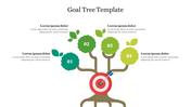 Tree with four green circular nodes labeled 01 to 04 on branches and a red target at the base, showing a goal structure.