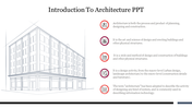 Outline of a building sketch and five red architecture related icons with text in a vertical list on the right.