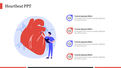 Red heart illustration with a doctor in blue attire, and four text areas with icons on the right.