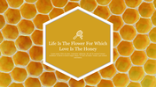 Hexagon-shaped text box with a honeycomb background, featuring a quote, and a honey dipper icon with a caption area.