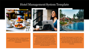 Three images representing hotel operations a meal, a manager working, and a resort pool, with text on hotel management.