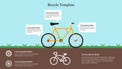 A slide with a bicycle illustration, callouts for details, and additional text and icons below.