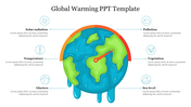 Slide showing an illustration of a melting Earth labeled with six icons each with caption areas on a white background.