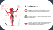 Illustration of a red robot raising its arms with three circular icons and descriptive text on the right.