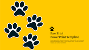 Black paw prints scattered on a bright yellow background, with a text section on the right.