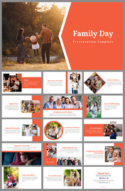 A slide deck with a family holding hands in the outdoors and family-oriented topic images at the bottom.